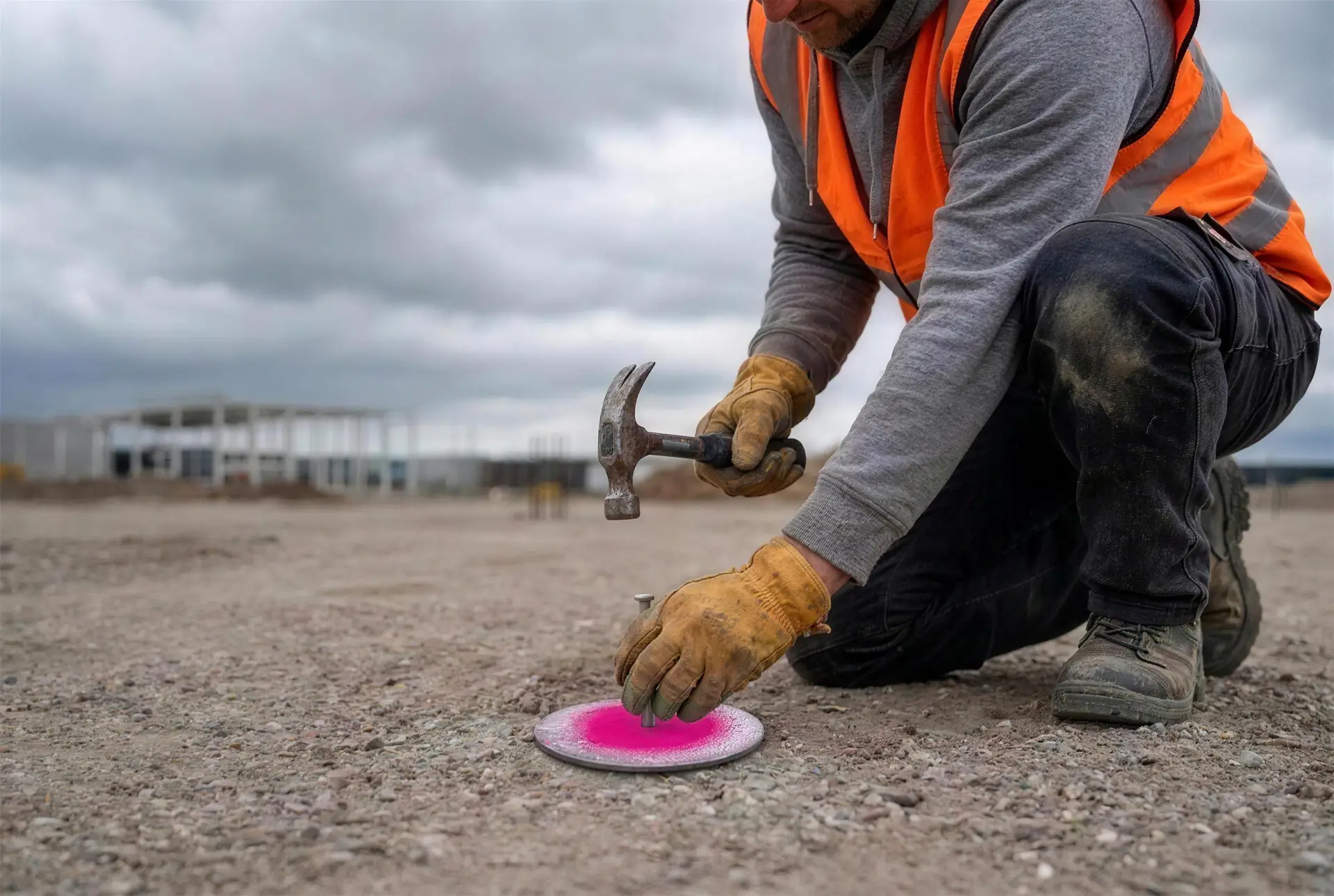 Landmeter slaat een spijker door een stalen markeringsplaatje op een roze gespoten uitzetstip