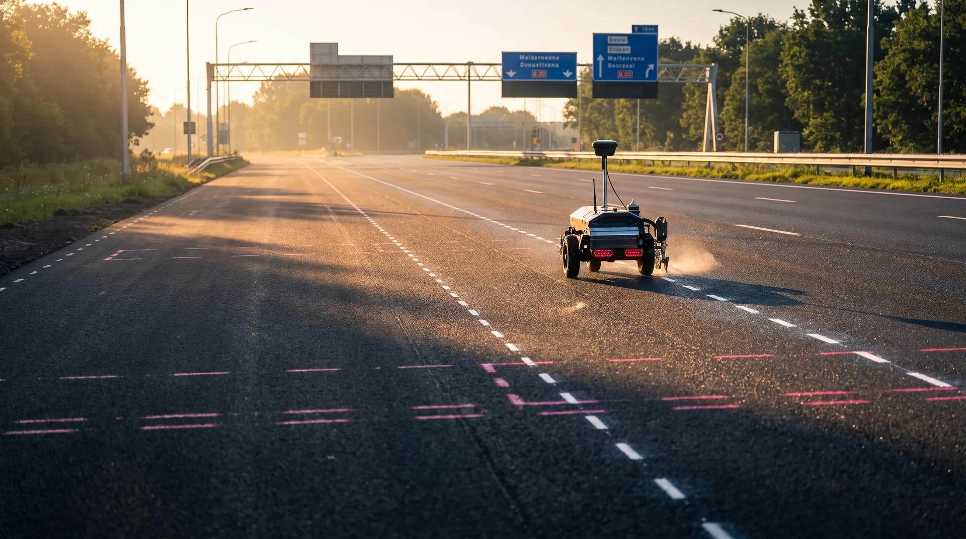 Robotplotter spuit witte voormarkering op vers asfalt van een afgesloten snelweg, met roze stuurlijnen en een portaal met blauwe borden