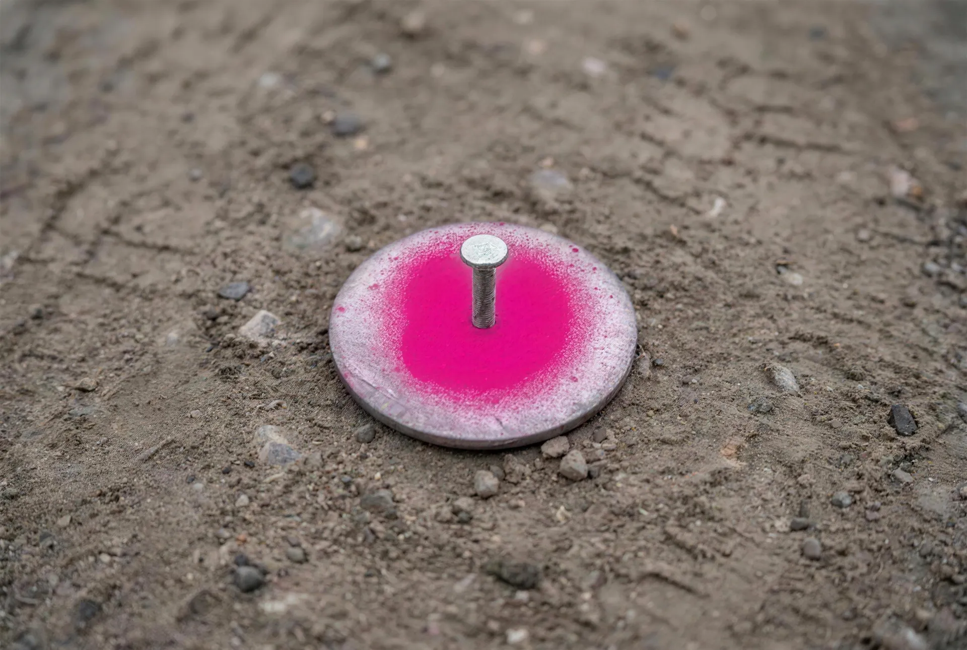 Roze gespoten uitzetstip op een stalen markeringsplaatje met spijker, op zandgrond