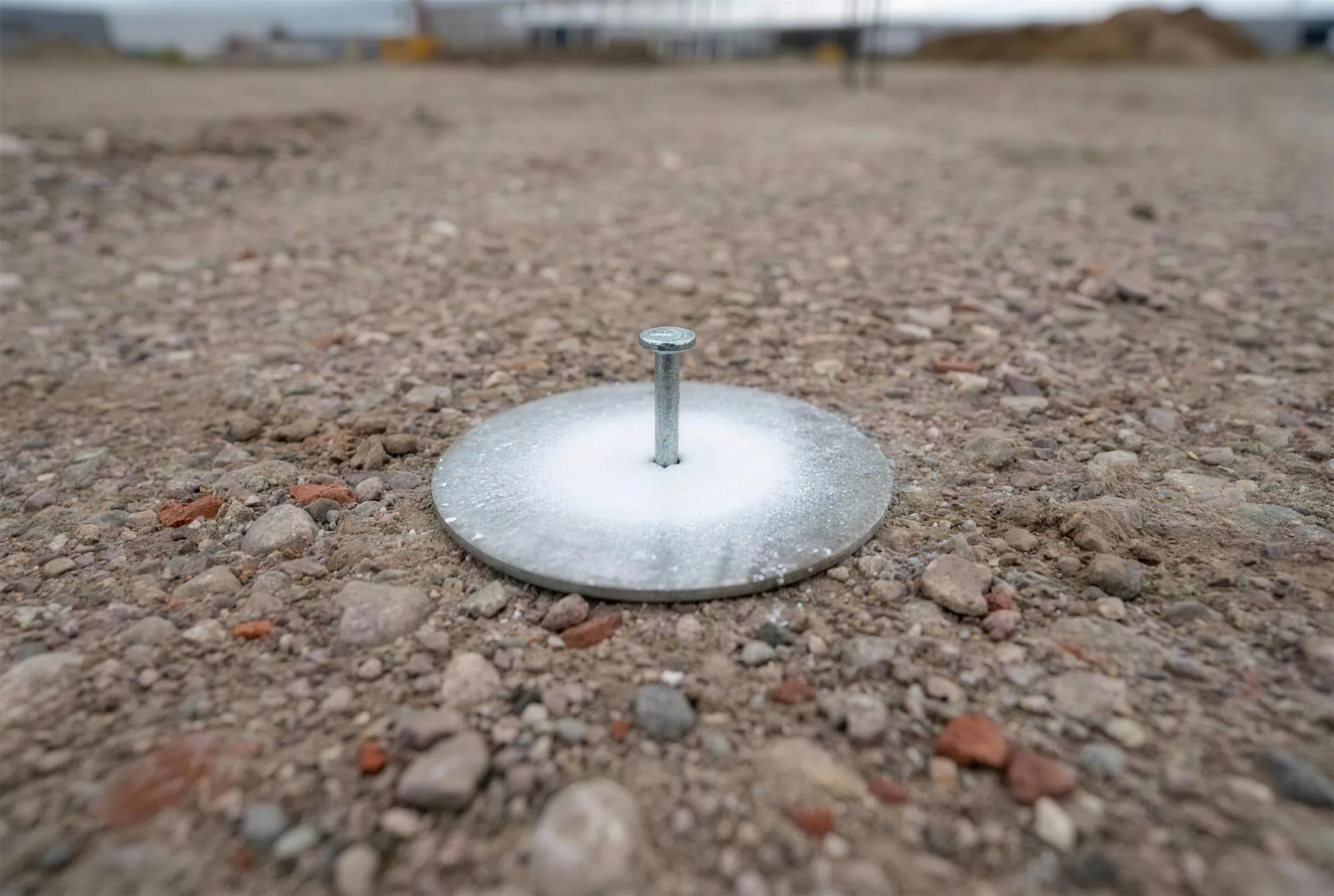 Wit gespoten uitzetstip op een stalen markeringsplaatje met spijker, op een puinbaan